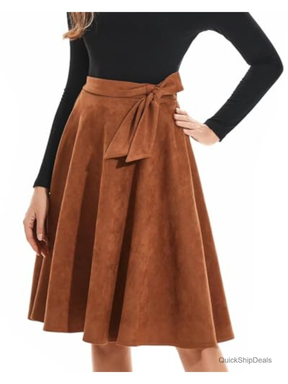 Faux Suede Knee Length Skirt High Waist Flared Stretch A Line Midi Skater